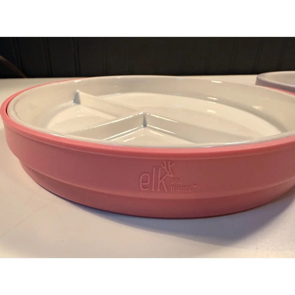 Elk and Friends Ceramic Divided Toddler Plates with Silicone Sleeves Pink Purple